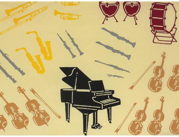 オーケストラの楽器がお洒落に描かれた注染の手ぬぐい 音楽を感じる風景 インテリア雑貨 画像カタログ
